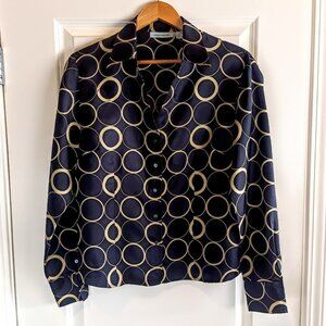 Vintage Gene Meyer Black Tan Circle Print Silk Blouse